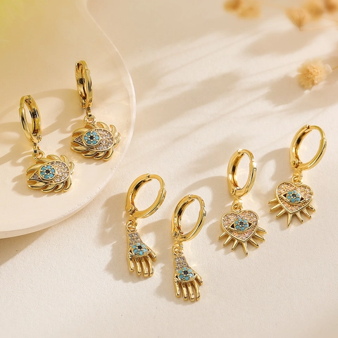 Pendientes de Gota de Cobre Chapado en Oro de 18K Ojo Turco Corazón Mano De Fátima para Mujer Vintage Circonia Joyería