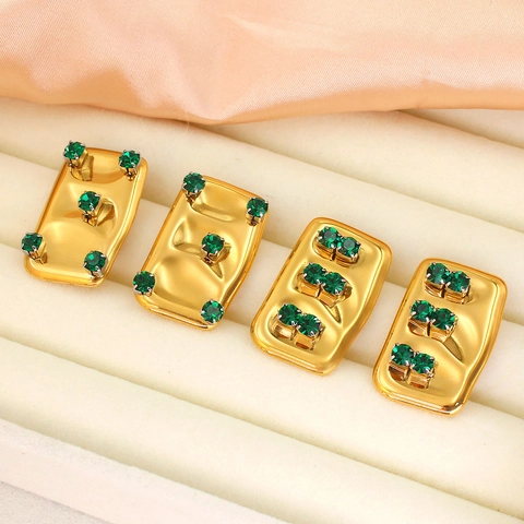 Vintage Rectangular Geometric Stud Earrings Stainless Steel 18K Gold Plated Green Zircon Irregular Surface For Women