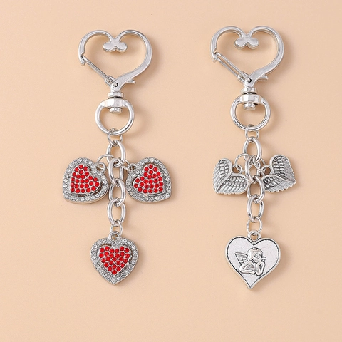 Trendy Angel Wing Heart Keychain For Women Rhinestone Cupid Pendant Silver Zinc Alloy Backpack Charm Fashion Jewelry Gift