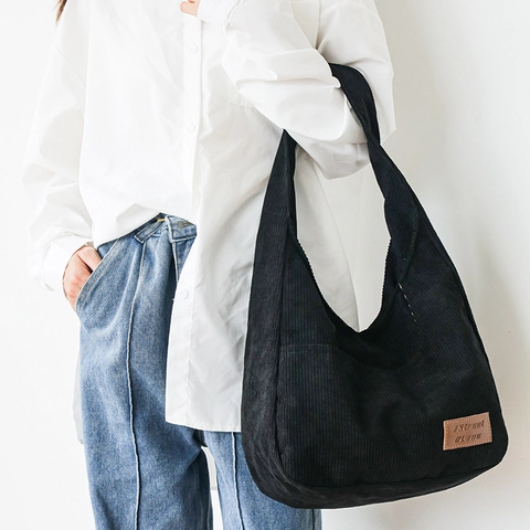 Corduroy Tote Bag For Women Large Capacity Retro Shoulder Handbag Front Pocket Leather Patch Versatile Casual Style Daily