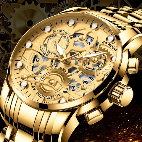 Men Wrist Watch Stainless Steel Band Skeleton Design Luminous Calendar Waterproof Business Fashion