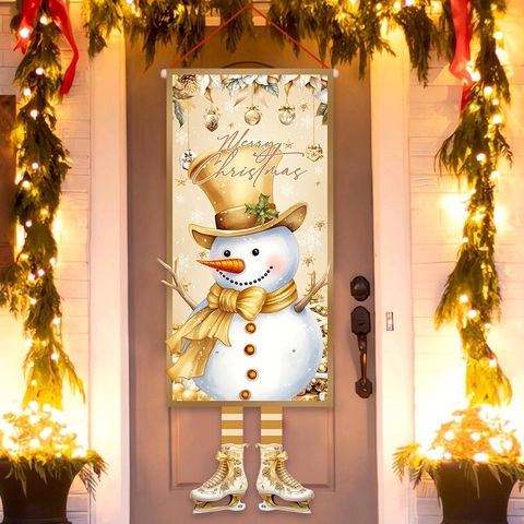 Christmas Hanging Door Banner Gold White Snowman Pattern Polyester Flag With Wooden Rod For Outdoor Indoor Holiday Decor