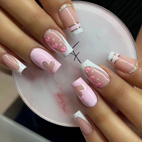 Press On Nails Square Sweet Light Blue Heart Design Rhinestone French Tip Glossy Plastic Artificial Fingernails