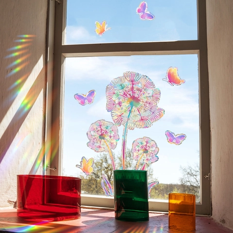 Adesivo per Finestre Prisma Arcobaleno Suncatcher Olografico Dente di Leone Farfalla Pellicola Statica per Vetro Decorazione Casa