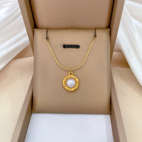 Künstliche Perlen Anhänger Halskette Edelstahl Gehämmert Ring Minimalistisch Schlüsselbein Kette Schmuck Damen Elegant