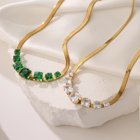Collana In Acciaio Al Titanio Con Zircone Quadrato Smeraldo Gemma Catena Serpente Placcata Oro Gioielli Vintage Donna