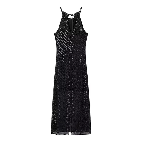 Sequin Halter Neck Maxi Dress Elegant Backless Sleeveless Split Party Evening Formal Gown Solid Black