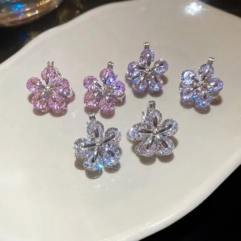 Flower Zircon Inlaid Copper Hoop Earrings Sweet Elegant Korean Style Jewelry For Women With Silver Earring Post