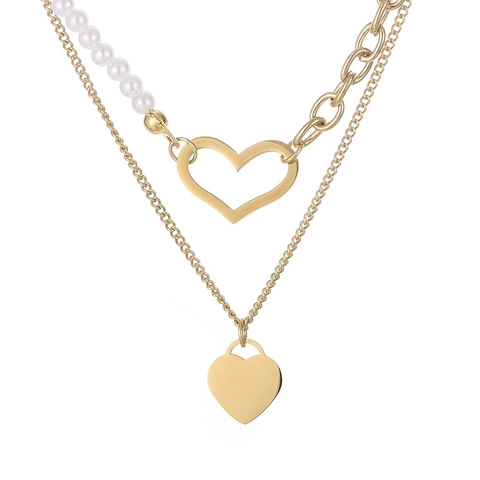 Collana A Doppio Strato In Acciaio Inossidabile Con Ciondolo A Cuore E Perla Artificiale Gioielli Di Moda Eleganti Da Donna