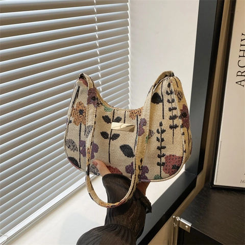 Vintage Strawberry Floral Print Underarm Shoulder Bag Corduroy Woven Fabric Casual For Women Girls