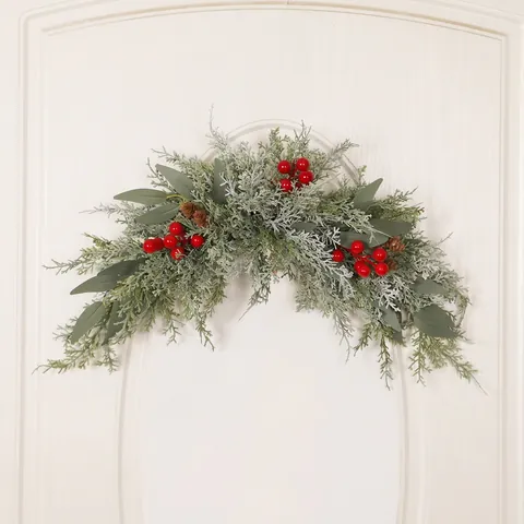 Guirnalda Artificial Navidad Baya Roja Escarchada Aguja Pino Eucalipto Decoración Pared Puerta Hogar Luz LED