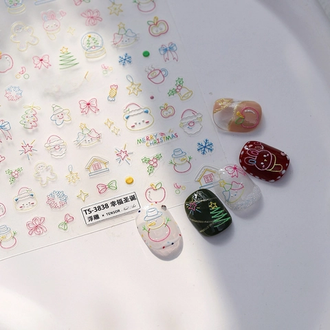 Kerst Nagelstickers 5D Reliëf Stickers Kerstman Sneeuwpop Rendier Zelfklevend Feestelijke Manicure Decoratie Vrouwen