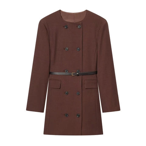 Vestido Blazer De Doble Botonadura Mujer Manga Larga Ajustado Color Sólido Poliéster Mini Vestido Con Cinturón
