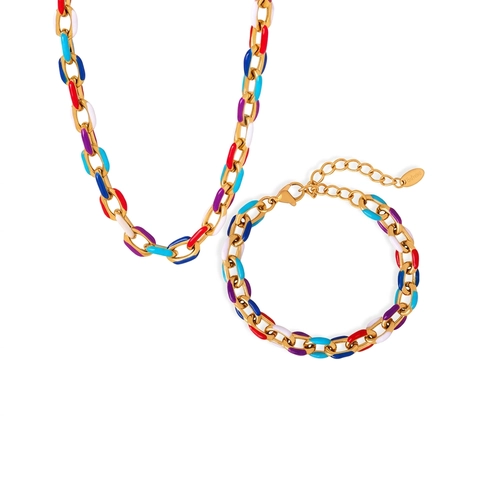 Gioielli Collana E Bracciale A Catena In Smalto Colorato Acciaio Al Titanio Elegante Stile Vacanza Per Donne