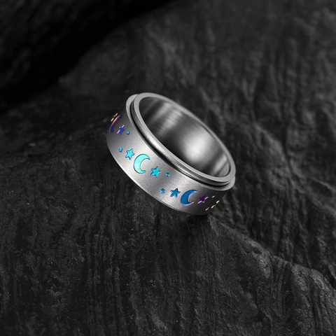 Anello Rotante in Acciaio Inossidabile Unisex Design Stelle e Lune Fascia Larga Sollievo dallo Stress Ansia Multicolore Inciso