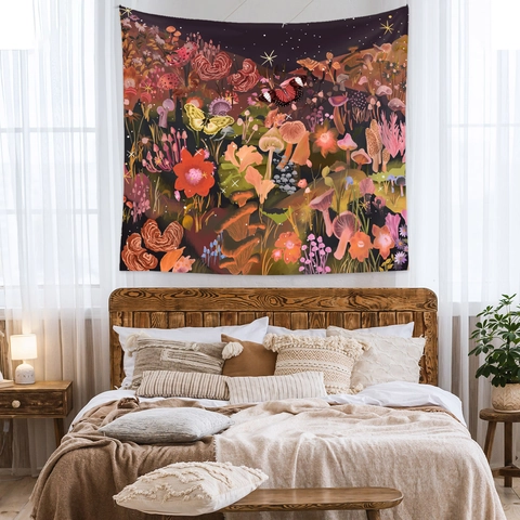 Arazzo Da Parete Foresta Di Funghi Poliestere Fantasia Farfalla Floreale Notte Stellata Psichedelico Decorazione Boho