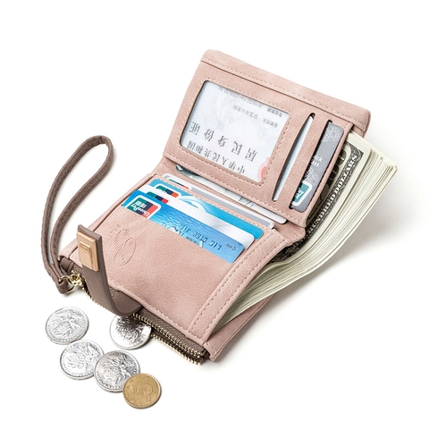 Women Short Wallet PU Leather Leaf Embossed Snap Button Zipper Coin Purse With Wrist Strap Korean Style Cute Small Card Holder
