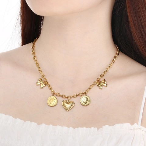 Pendant Necklace Stainless Steel Heart Bow Retro Coin Portrait Layered OT Buckle Vintage Jewelry For Women
