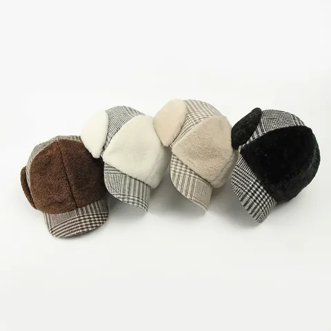 Winter Trapper Hat For Women With Ear Flaps Houndstooth Plaid Faux Fur Lining Warm Thick Plush Baseball Cap Style