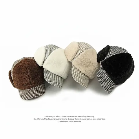 Winter Trapper Hat For Women With Ear Flaps Houndstooth Plaid Faux Fur Lining Warm Thick Plush Baseball Cap Style