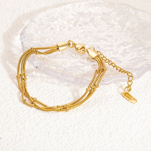 Pulsera de Acero Inoxidable Minimalista Chapada en Oro de 18K Cadena de Serpiente Multicapa Con Cuentas Redondas Joyería Elegante Mujer