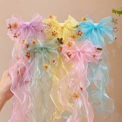 Barrettes À Cheveux Nœud Arc-en-ciel Filles Longs Rubans Organza Chaînes Künstliche Perles Accessoires Cheveux Princesse