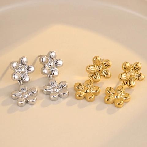 Pendientes Colgantes de Doble Flor de Acero Inoxidable para Mujer Pendientes de Botón Florales Chapados en Oro y Plata