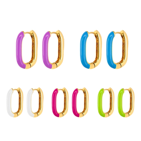 Oval Hoop Earrings Enamel Drip Oil Copper Geometric Fashion Jewelry For Women With 925 Sterling Silver Earring Post
