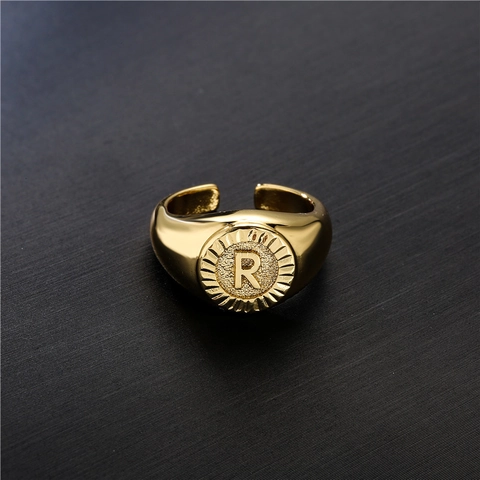 Vintage Buchstaben Siegelring Damen Kupfer 18K Vergoldet Zirkon Verstellbar Offener Ring Modeschmuck Elegant Design