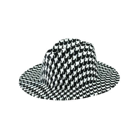 Vintage Houndstooth Fedora Hat Black And White Pattern Polyester Woolen Feel Flat Top Wide Brim Jazz Cap For Women
