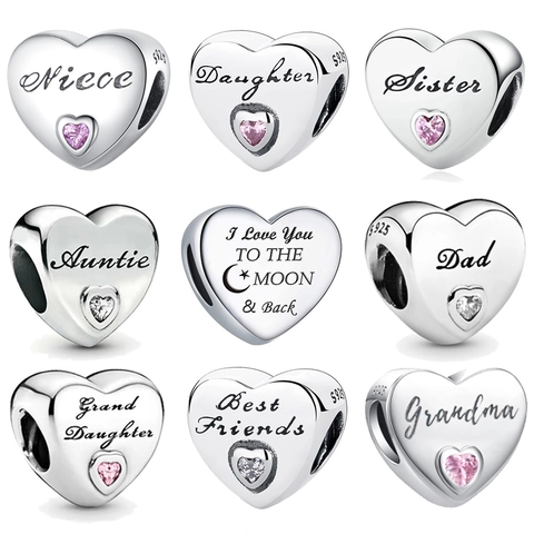 Heart Charm Bead 925 Sterling Silver Engraved Family Daughter Sister Dad Heart Cubic Zirconia DIY Bracelet Jewelry