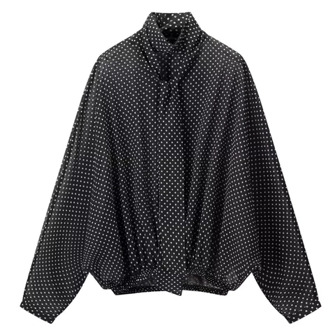 Camicia A Pois Da Donna E Gonna Lunga Chiffon Maniche Lunghe Collo Con Fiocco Vita Alta Elegante Casual Streetwear Completo
