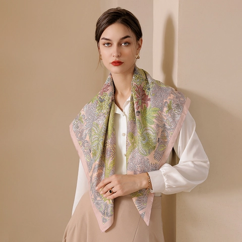 Elegant Floral Printed Square Scarf Satin Like Satin Retro Botanical Head Neck Wrap Hair Accessory For Women