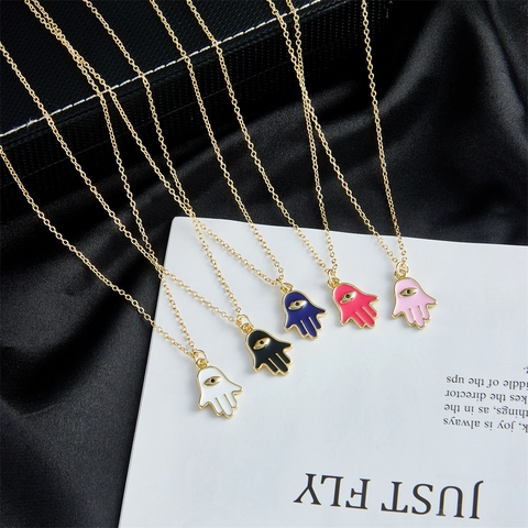 Hamsa Hand Anhänger Halskette Kupfer 18K Gold Vergoldet Böser Blick Emaille Zirkon Für Frauen Täglich Ins Stil