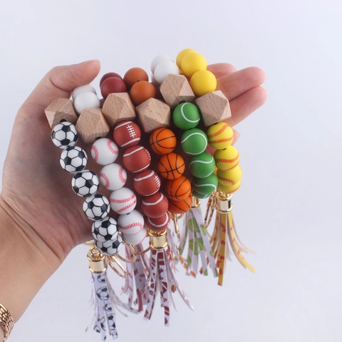 Portachiavi A Bracciale Con Perline Di Silicone Nappa In Pelle PU Perlina Di Legno Tema Sportivo Per Donne
