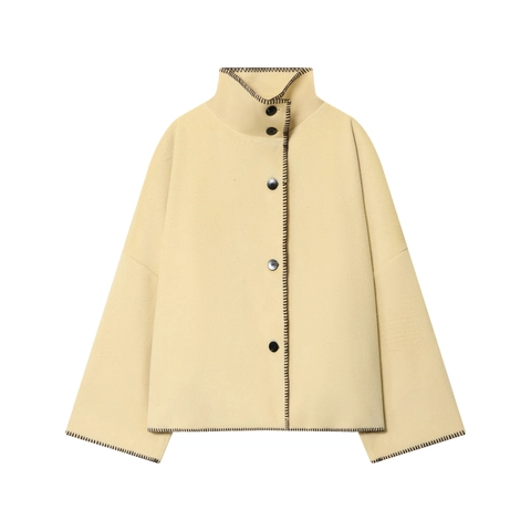 Giacca Corta In Lana Da Donna Collo Alto Cuciture A Contrasto Bottoni Elegante Cappotto Casual Tasche