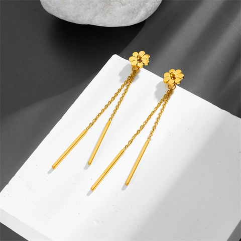 Mode Koreanischen Stil Gänseblümchen Blume Lange Quaste Ohrhänger Für Damen Vergoldet Edelstahl Strass Ohrringe