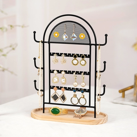 Jewelry Display Stand Rack Metal Arch Mesh Earring Holder Necklace Organizer With Wood Base For Bracelet Ring Modern