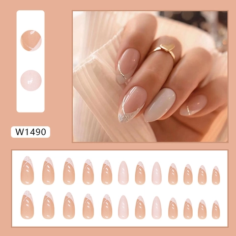 Uñas Postizas Estilo Francés Forma Almendra Longitud Media Brillo Uñas Artificiales Para Mujeres Rosa Nude ABS