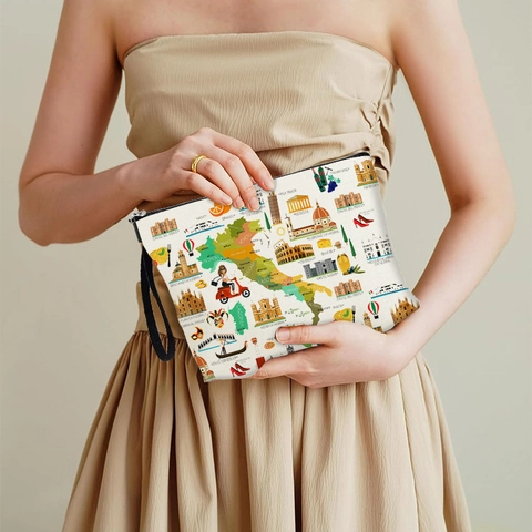 Makeup Bag Italy Travel Map Landmark Printed Linen Cosmetic Pouch With Zipper Wristlet Strap Portable Organizer For Women