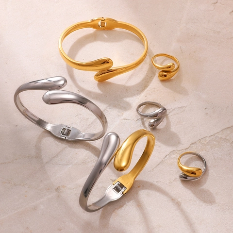 Gioielli in Acciaio Inossidabile Minimalista Bracciale a Goccia d'Acqua Braccialetto Aperto Anello Lucido da Donna Oro Argento Bicolore Accessori