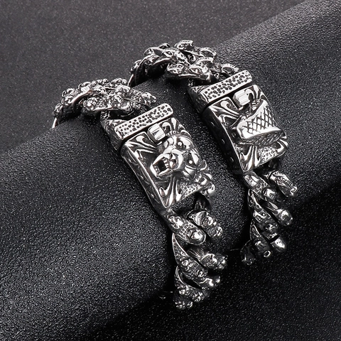 Pulsera De Acero De Titanio Para Hombre Cabeza De Animal Vintage Cadena Gruesa Punk Gótico Vikingo León Lobo Tigre Serpiente