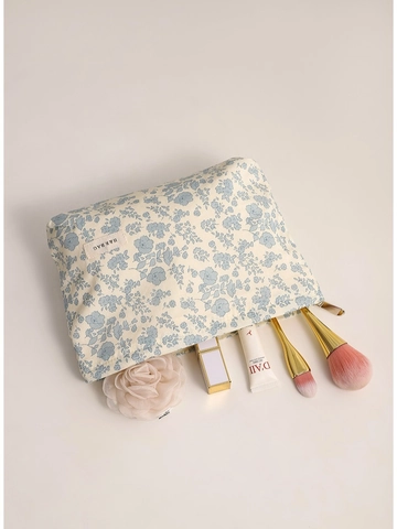 Floral Print Cosmetic Bag Large Capacity Cotton Canvas Makeup Storage Pouch Travel Toiletry Wash Organizer For Women