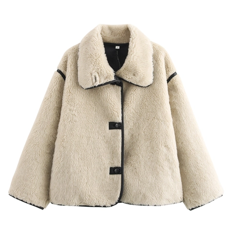 Veste En Fausse Fourrure De Laine D'agneau Pour Femmes Revers Bordure Contrastée Simple Boutonnage Court Ample Mode Élégante