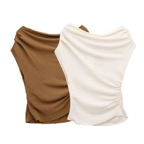 Top Senza Maniche Donna Lato Arricciato Collo A Cappuccio Spalla Asimmetrica Texture Crepe Vestibilità Aderente Elegante Tinta Unita