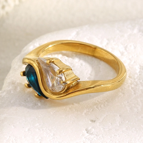 Anello In Acciaio Inossidabile Placcato Oro 18K Per Donna Con Zirconia Cubica A Goccia Blu E Trasparente Gioielli