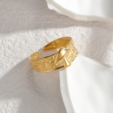 Anillo Abierto Geométrico Vintage de Acero Inoxidable Con Patrón de Notas Musicales de Hongo de Concha para Mujer Joyas Ajustables