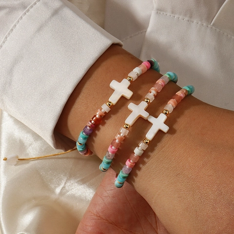 Bracciali Bohemien In Pietra Naturale E Perline Multicolore Ciondolo Croce Di Conchiglia Regalo Religioso Fatto A Mano Per Donna