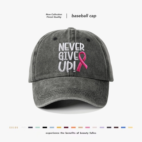 Vintage Washed Cotton Baseball Cap Never Give Up Embroidery Breast Cancer Awareness Pink Ribbon Retro Unisex Sun Hat