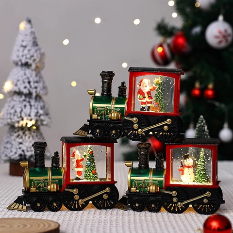 Christmas Train Snow Globe Lighted Water Lantern With Santa Claus Snowman Figurine Glitter Decorative Tabletop Night Light